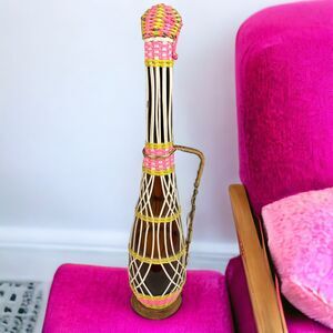 Vintage Spanish Boho Wrapped Amber Glass Bottle 18” Scoubidou Decor Mid Century